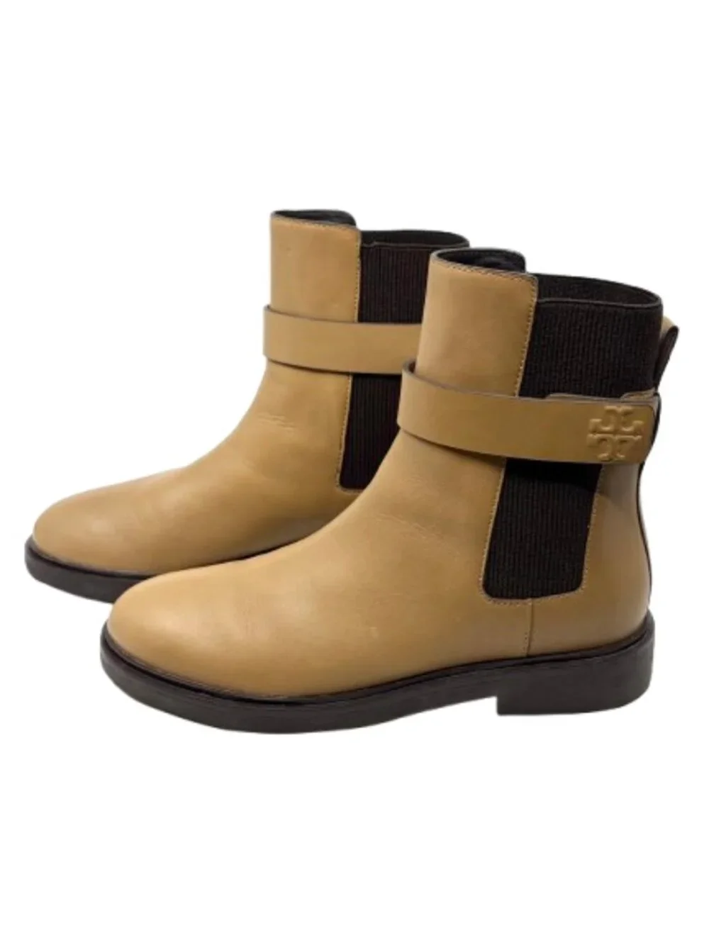 TORY BURCH~Double T Buckle Chelsea~TAN LEATHER WOMENS ANKLE BOOTS Sz 11 NEAR NEW